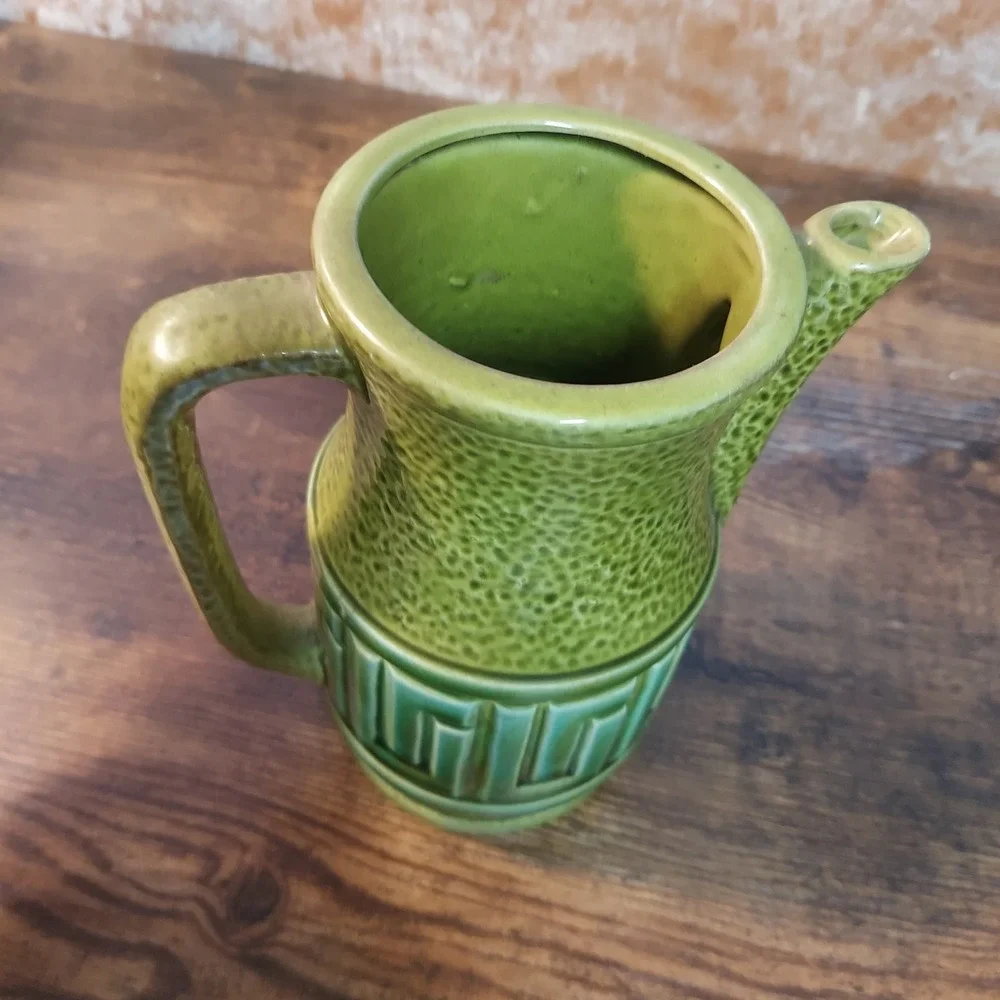 Vintage Avocado Green Ceramic Pitcher Greek Key MCM Textured Pottery 6.5x6in